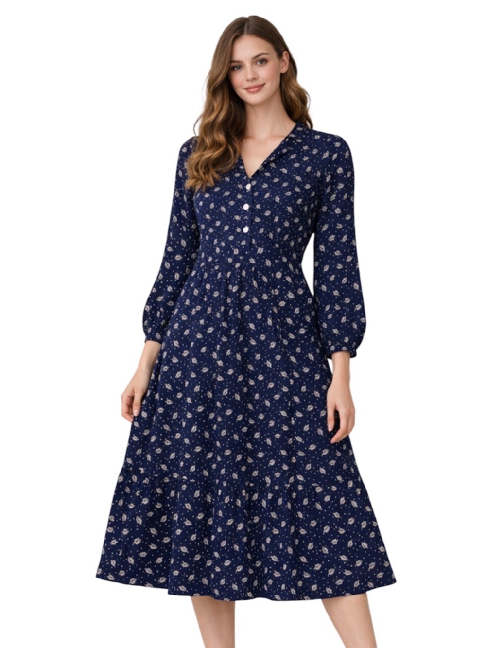 Vtg 70s Montgomery Ward Navy Blue V-Neck Midi Dress Long Sleeve Minimalist